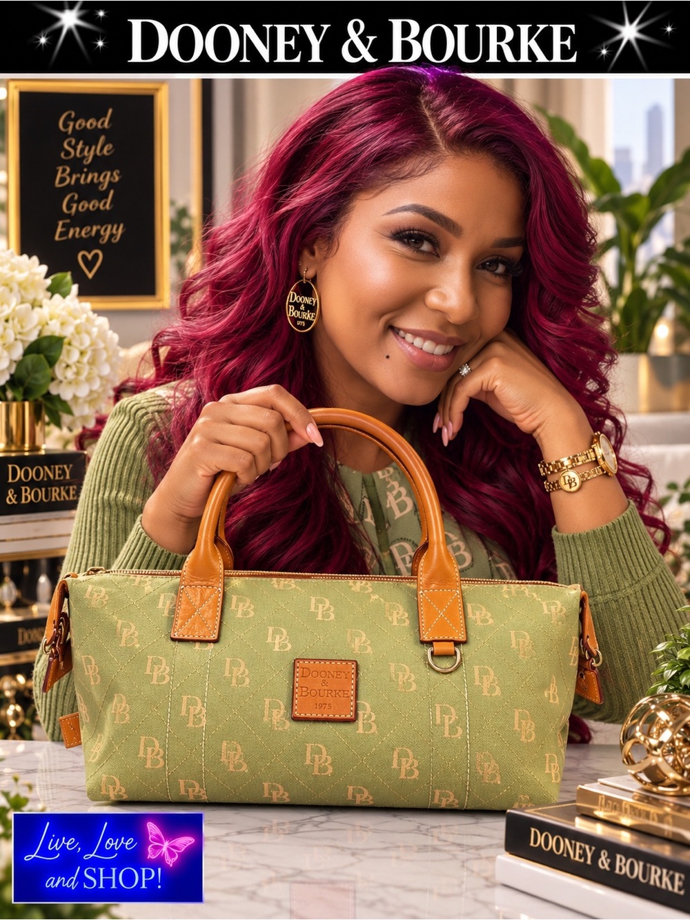 DOONEY & BURKE Lime Green & Oak Monogram Fabric Satchel Handbag, Authentic EUC